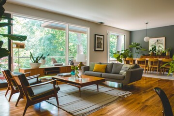 Fototapeta premium Stylish Mid-Century Modern Living Room with Sleek Lines, Colorful Accents, and Scenic Views