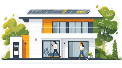 A flat design illustration of a woman using a smart thermostat to control the energy usage in her home The scene includes solar panels on the roof, energy-efficient windows, and other eco-friendly