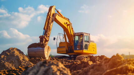 Obraz premium Excavator on a construction site, moving dirt with its bucket against a cloudy sky backdrop.