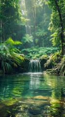 Fototapeta premium A lush green forest with a waterfall and a small pond generated by AI