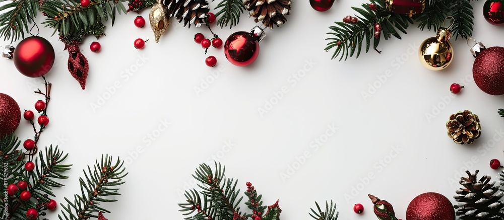 Poster christmas-themed composition with festive decorations on a white backdrop with copy space image.
