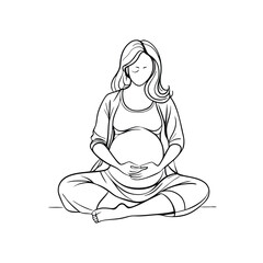 a pregnant woman sitting cross legged, line art vector illustration