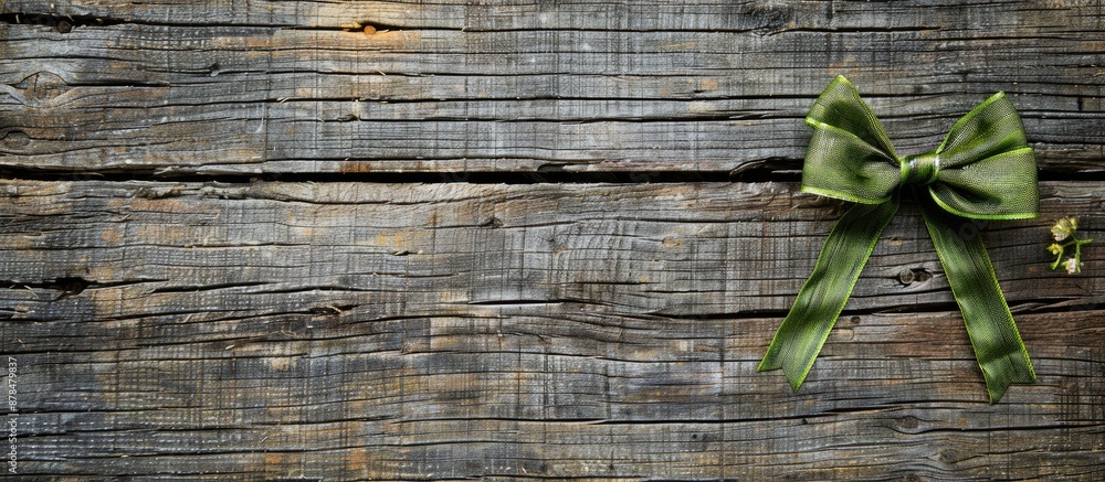 Poster An Easter decoration featuring a green bow rests on weathered wood with ample copy space for adding text to the image.