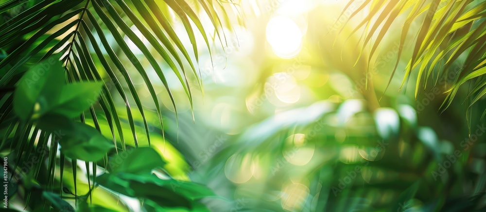 Poster Background with copy space image of blurred green leaves in a tropical setting, illuminated by sunlight, creating a fresh and vibrant atmosphere.