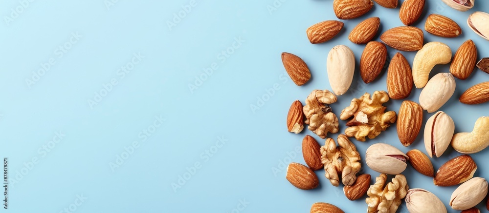 Poster arranged brazilian nuts, walnuts, and almonds on a light blue background with a macro focus for a co