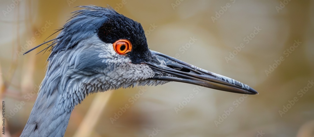 Aufkleber Close-up shot of a Manchurian crane's head, showing its long beak with a feather at the end. Background is blurred with space for text (copy space image).