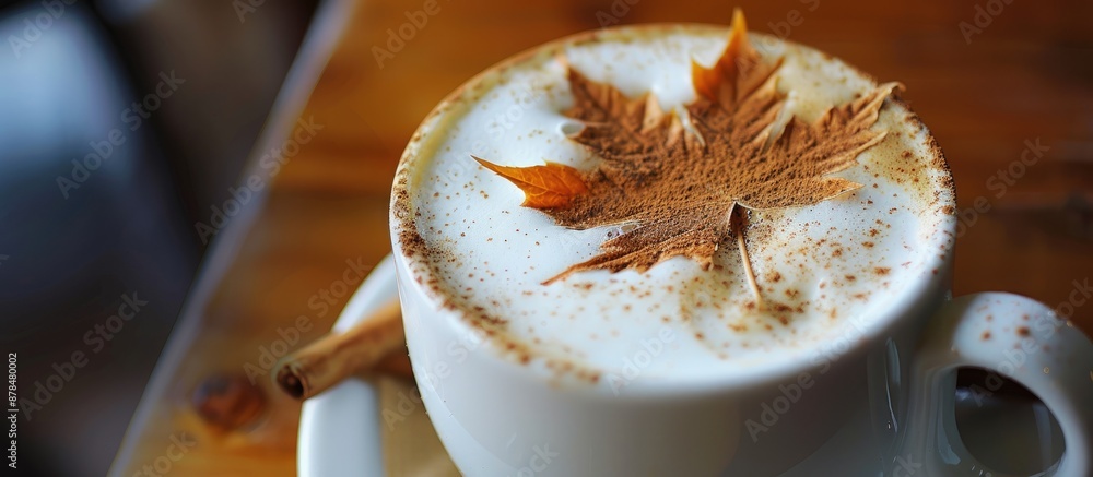 Poster autumn-themed coffee with a cinnamon wedge leaf design floating on milk foam, enhancing the cozy vib