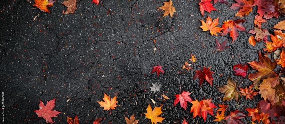 Poster fall foliage on the pavement with copy space image.