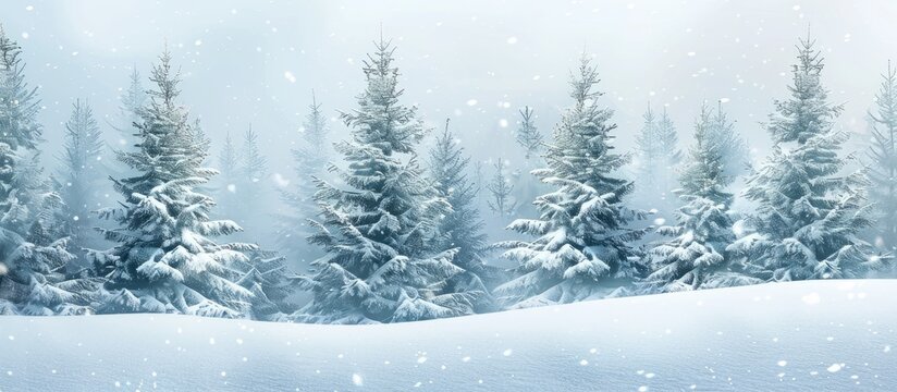 Christmas banner featuring a scenic panoramic view of snow-covered fir trees with a copy space image.