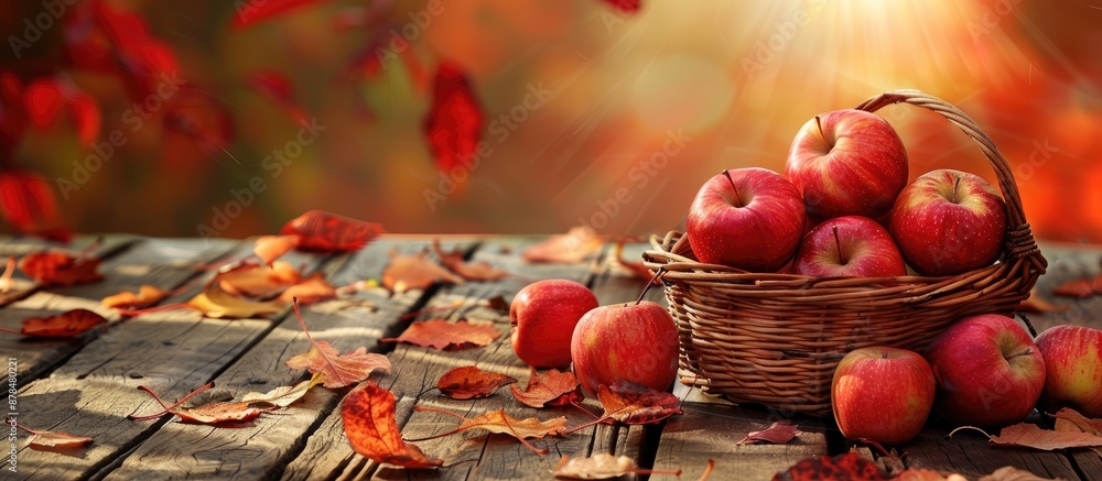 Aufkleber autumn leaves embellish a wooden table with a basket of juicy apples, creating a charming setting wi
