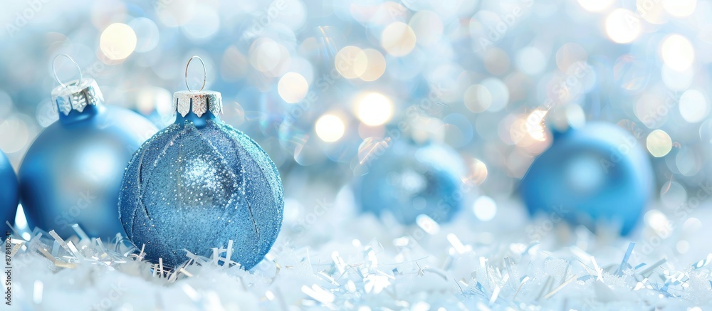 Poster Blue Christmas ornaments on a white background with a blurred effect, suitable for adding text, generally referred to as a copy space image.