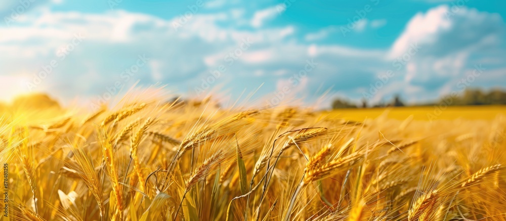Poster close-up view of a rye field on a hot summer day with a natural background perfect for adding text. 