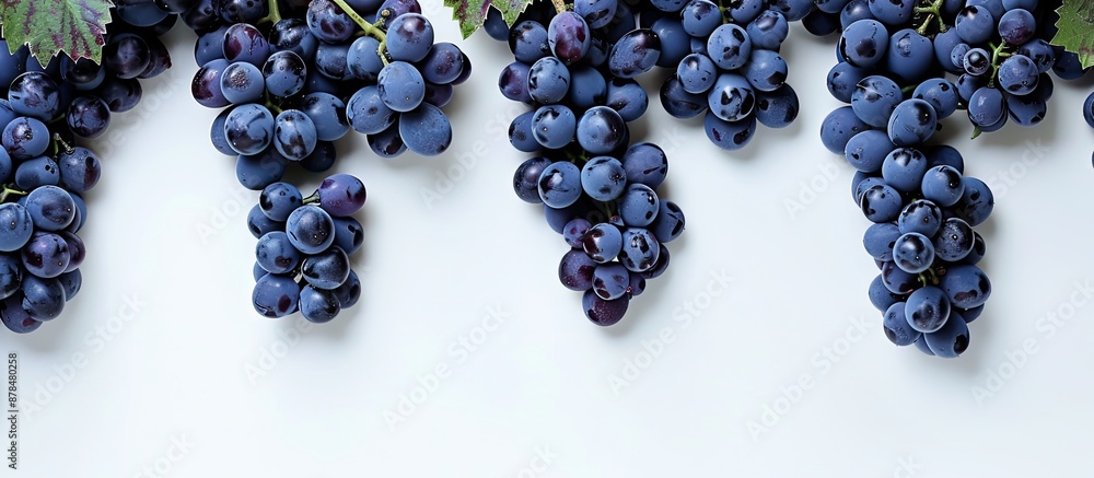Fototapete Black grapes arranged on top and bottom sides against a blank background with copy space image in a top view perspective.