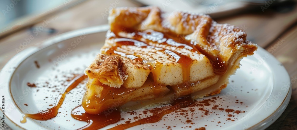 Poster Closeup copy space image of a slice of apple pie drizzled with caramel sauce and sprinkled with cinnamon.