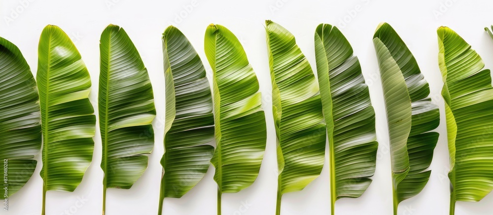 Poster banana leaf arranged in a row against a white background, ideal for a copy space image.