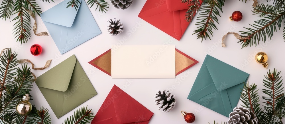 Aufkleber christmas greetings depicted on a white background surrounded by colorful envelopes and festive bran