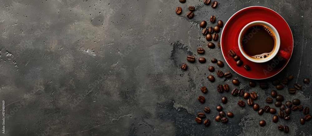 Poster flat lay image featuring black coffee in a red cup with coffee bean decoration on a stone table, wit