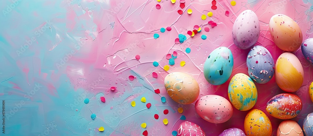 Poster colorful easter eggs on an easter-themed backdrop with copy space image.