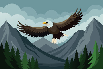 Majestic bald eagle soaring over mountain landscape with evergreen forest and blue sky