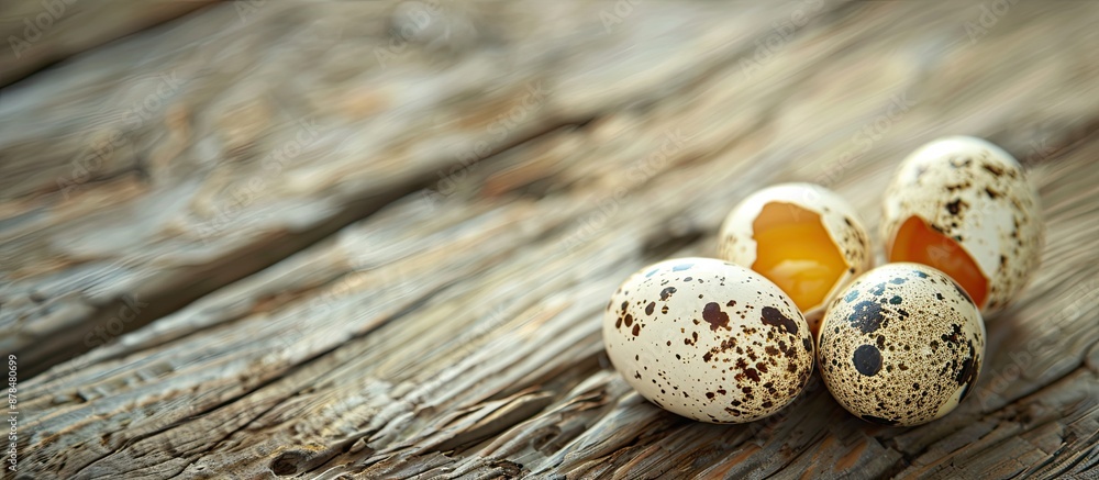 Poster Close up of boiled quail eggs on a rustic wooden table with copy space image.