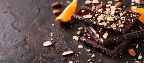 Dark chocolate bars with chopped almonds and dried orange wedges, perfect for an elegant, delicious treat with a rustic touch and a beautiful presentation on a copy space image.