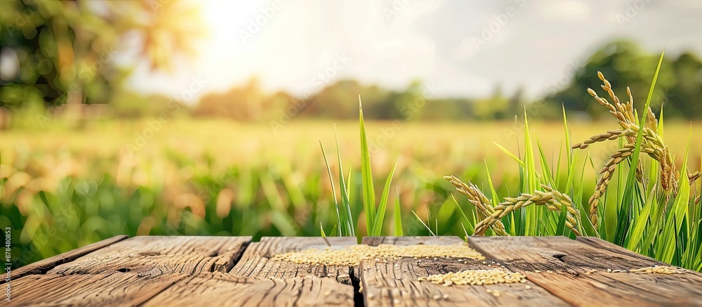 Poster blurry field or garden background with a wooden table top during the day, showcasing harvested rice 