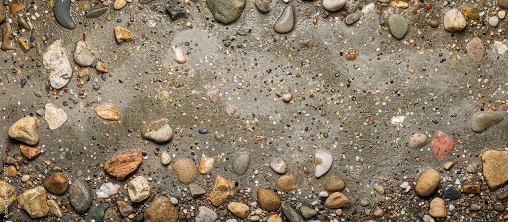 Aufkleber An aged, gritty gray concrete surface adorned with various small colored pebbles and soil, creating an abstract textured brown backdrop with ample copy space image.