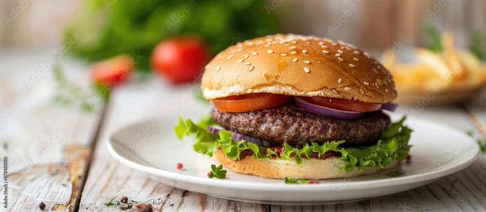 Poster close-up view of a homemade hamburger on a white plate with copy space image.