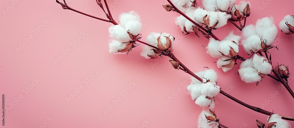 Poster Close-up view of a lovely cotton branch with fluffy flowers against a pink backdrop, ideal for adding text with copy space image.