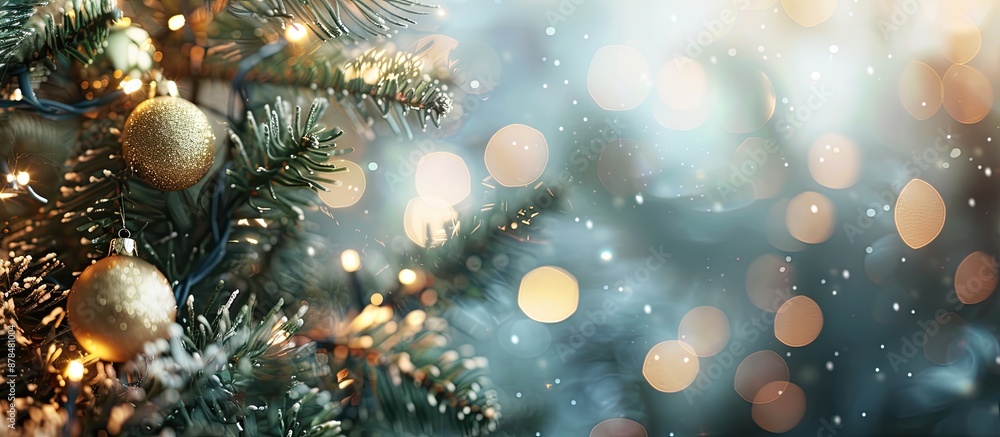 Poster blurry tree background enhances christmas decoration with available copy space image.