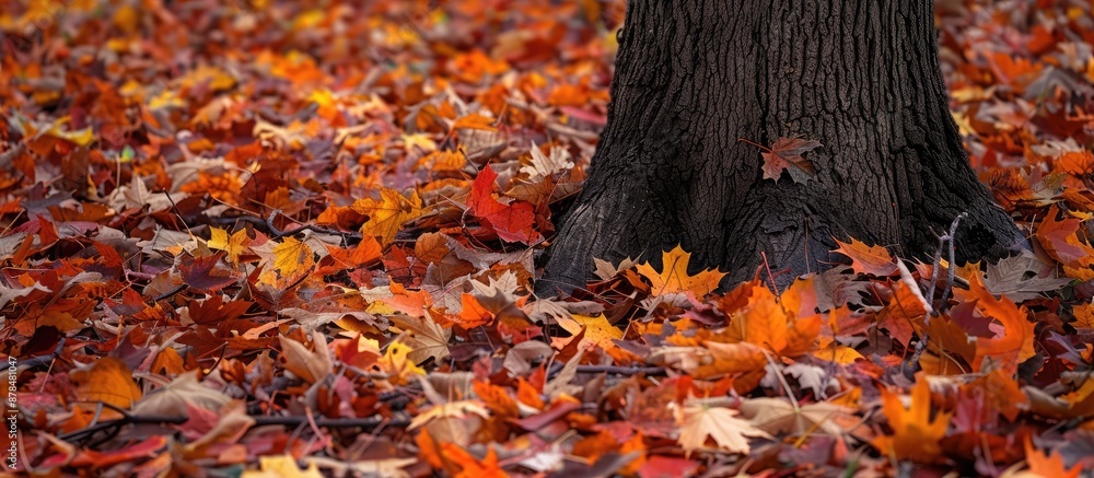 Poster Autumn foliage strewn by the base of a tree with copy space image.