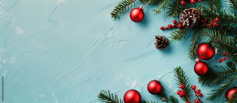 Poster festive holiday backdrop featuring fir branches, red ornaments, on a light blue surface with space f