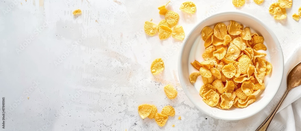 Poster Cornflakes and milk for a nutritious breakfast on a white backdrop with ample copy space image.