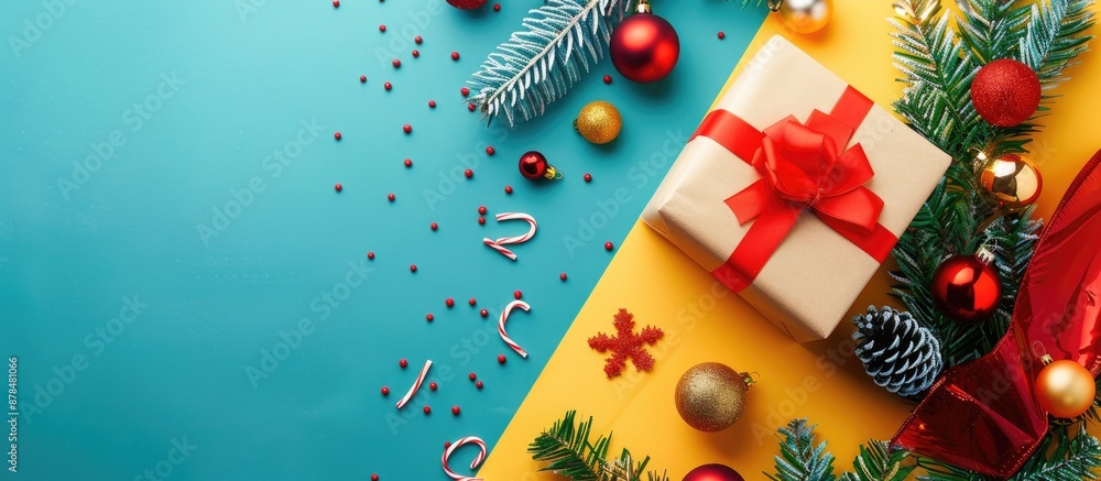 Poster christmas decorations and a gift box arranged in a flat lay style on a colorful background with ampl