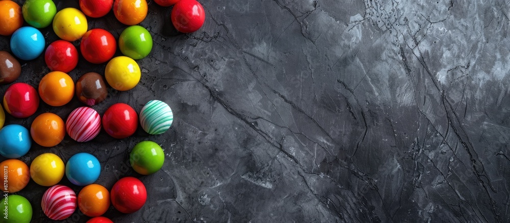 Poster Colorful candy balls displayed on a gray and black paper background, set in a horizontal banner style with ample copy space image.