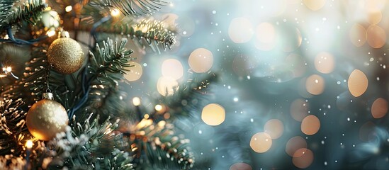 Obraz premium Blurry tree background enhances Christmas decoration with available copy space image.