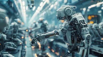 Fototapeta premium A factory with advanced robotic systems performing synchronized assembly operations.