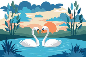 Obraz premium Illustration of two swans in a lake with a beautiful sunset background