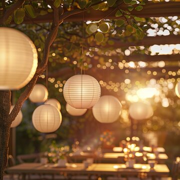 Sch&ouml;ne Dekoration mit Lampions f&uuml;r eine Gartenparty