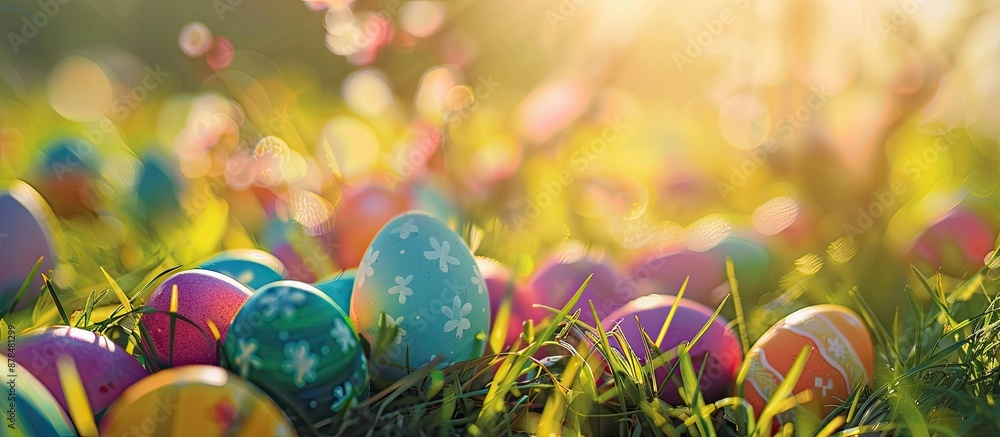 Aufkleber Colorful Easter eggs in grass on a sunny spring day with a meadow filled with dyed multi-colored eggs, creating a Happy Easter concept with copy space image.