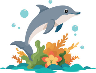 Obraz premium Colorful illustration of a dolphin swimming above vibrant underwater coral reef with bubbles