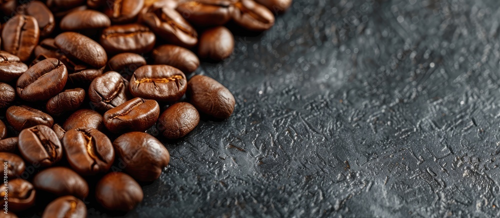 Poster Close-up image of coffee beans on a black mirror background with copy space image.
