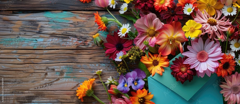 Aufkleber Craft envelope adorned with vibrant flowers on wood, with a green napkin protruding, creating a visually appealing flat lay studio image. image with copy space