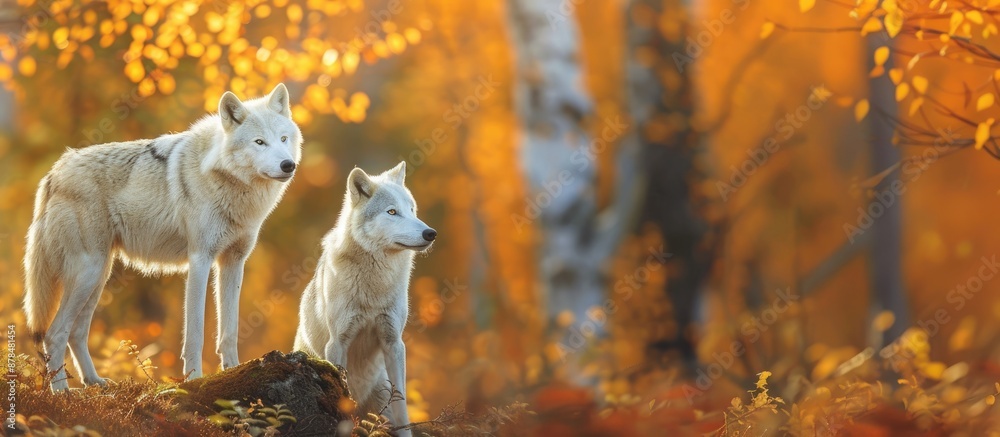 Poster arctic wolves in the fall with a copy space image.