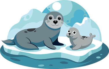 Cute cartoon seal family on an iceberg in an arctic landscape