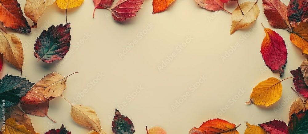 Poster colorful autumn leaves surrounding a blank copy space image set against a subtle beige backdrop.