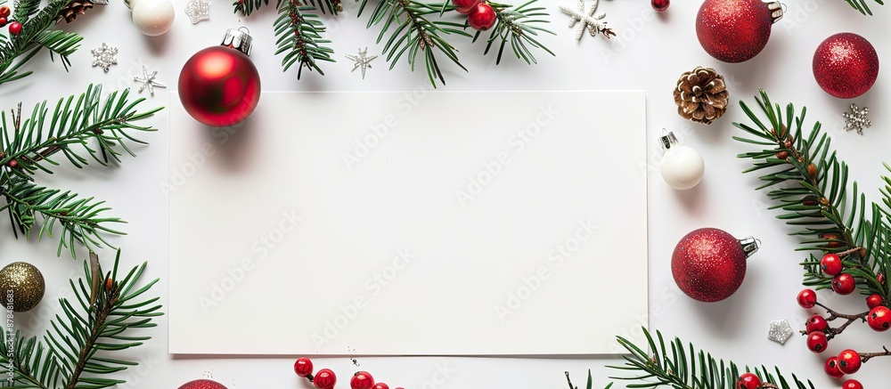 Poster festive composition with blank card, fir branches, and christmas ornaments on a white backdrop with 