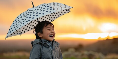 Joyful Sunset Under a Polka Dot Umbrella