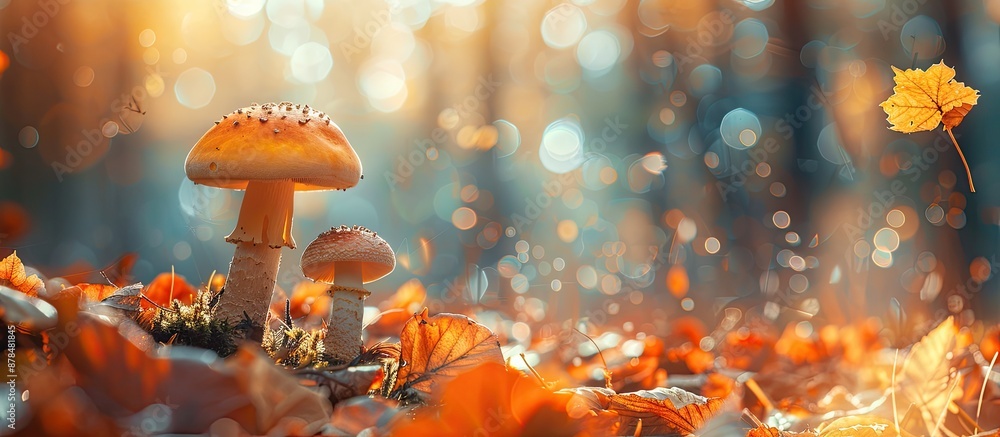 Poster during autumn, a few mushrooms grow in a forest clearing with ample copy space image.