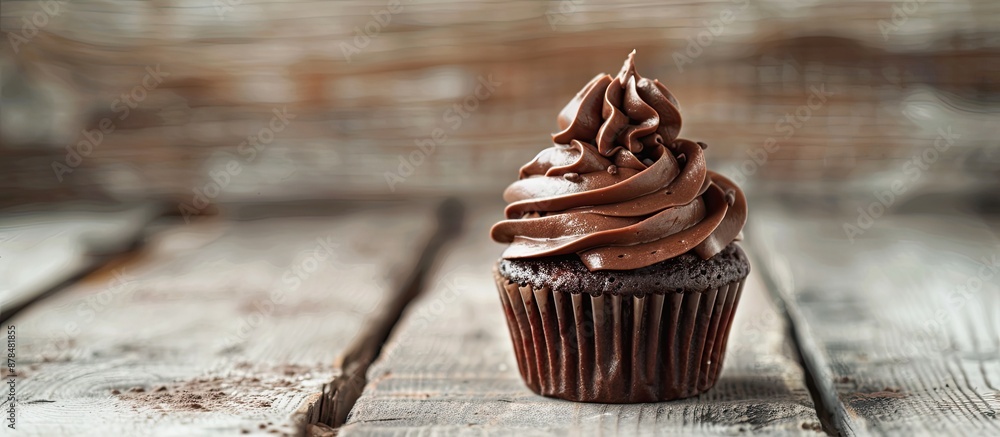 Poster delicious chocolate cupcake on rustic white wood with chocolate cream on top, ideal for adding a tex